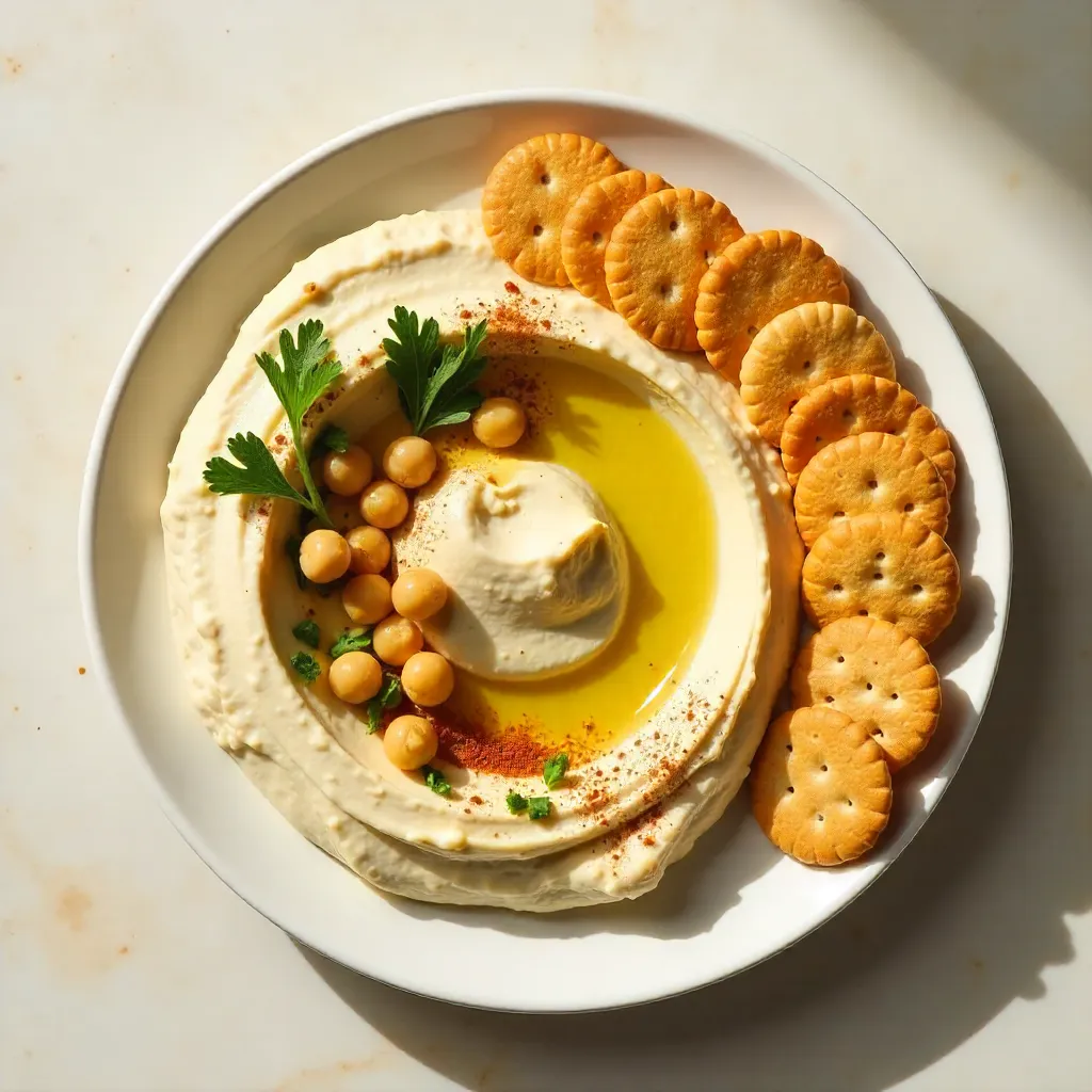 Flat Lay: Creamy Hummus with Chickpeas and Crackers