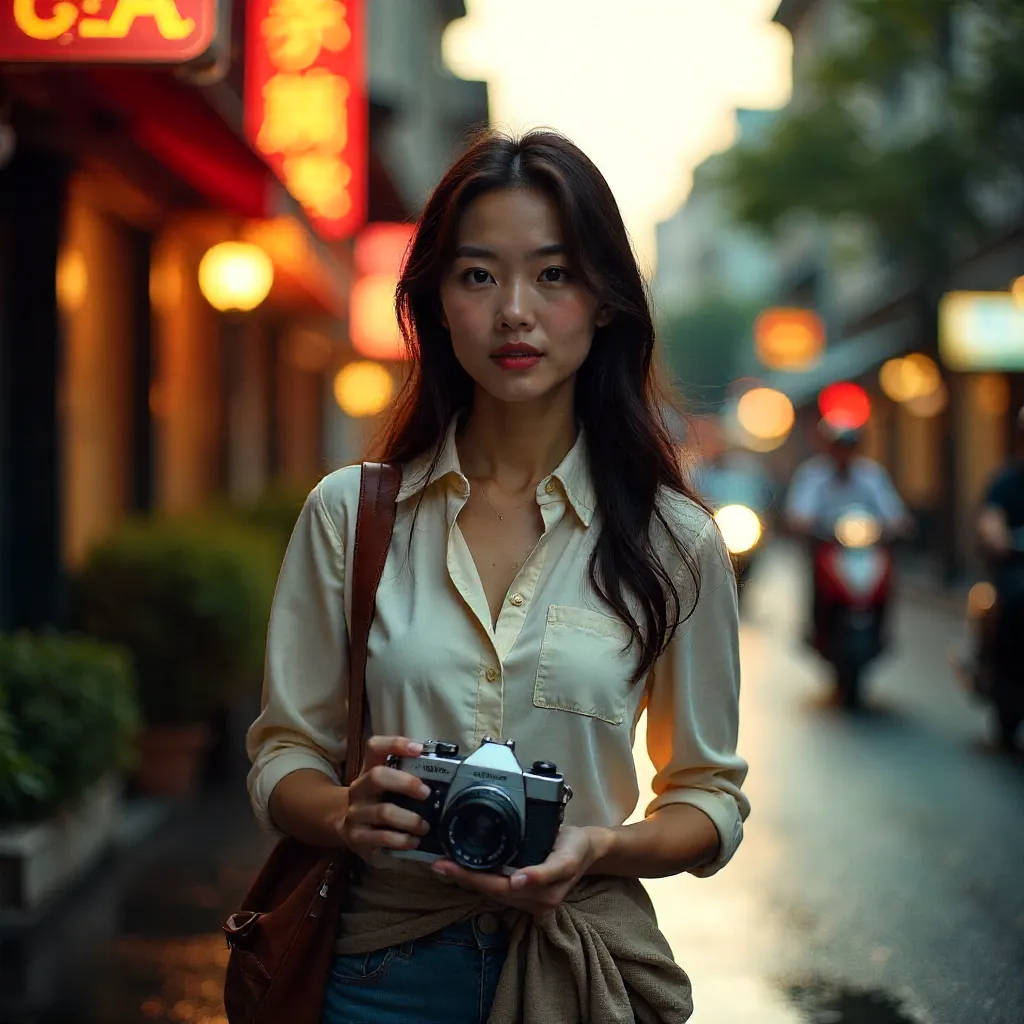 Portrait of a Young Woman with Vintage Camera in Saigon