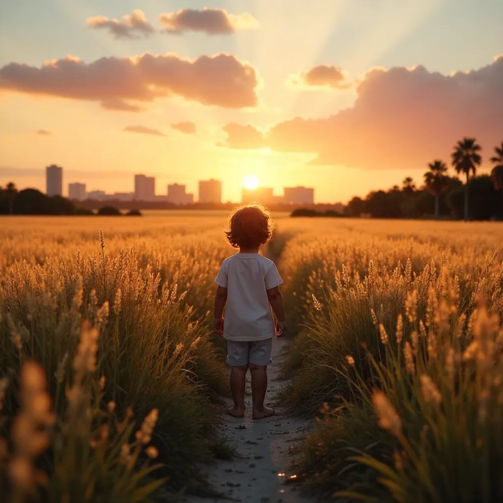 A Child's Awe in a Vast Florida Field at Sunset