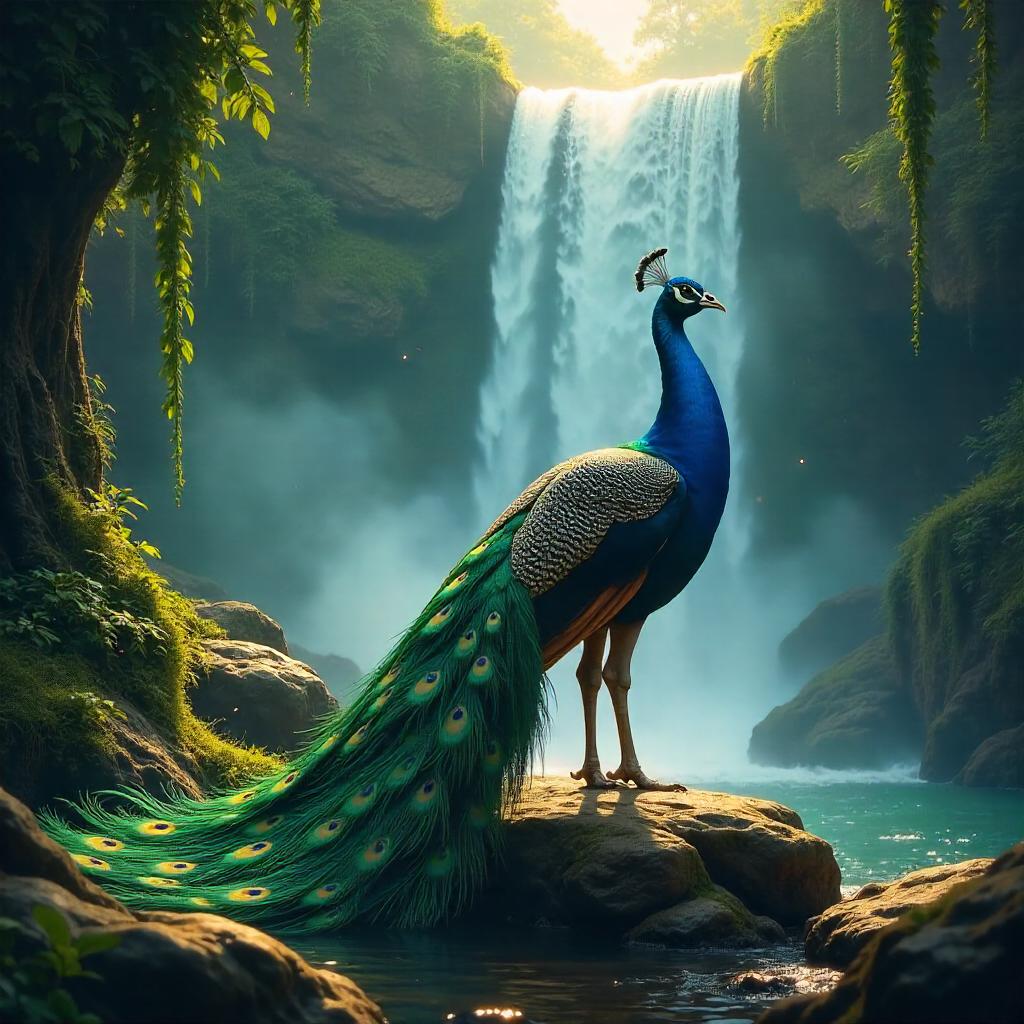 Peacock Concept Art by a Misty Waterfall