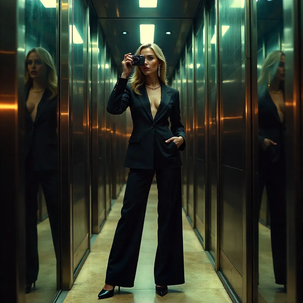 Stylish Woman with Vintage Camera in Reflective Elevator