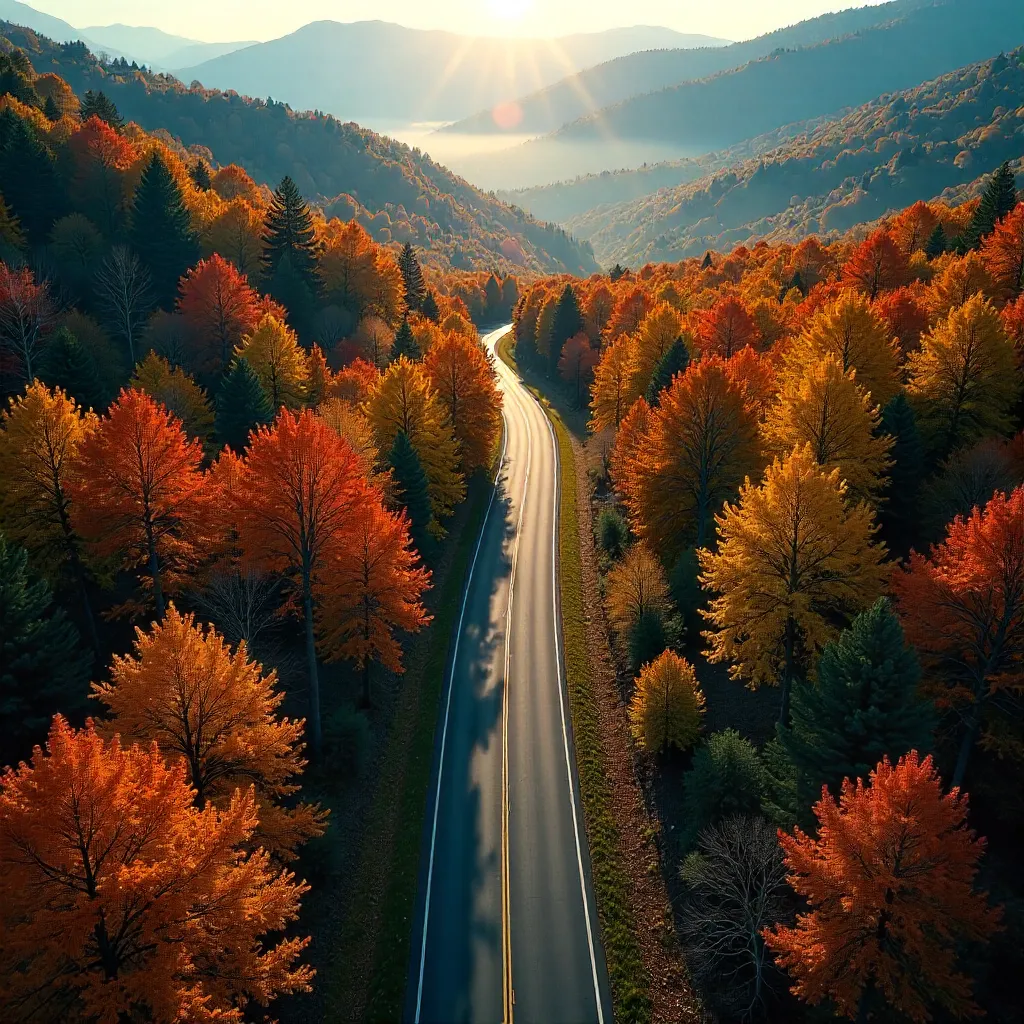 Autumn Aerial: Winding Forest Road Through Trees