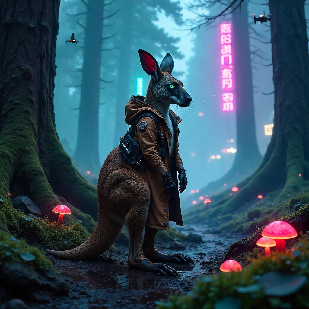 Neon Kangaroo in the Mystic Cyber Forest