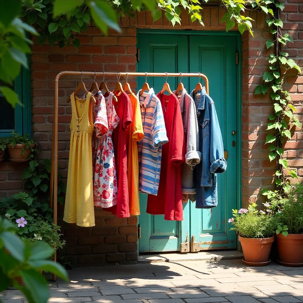 Colorful Clothes on Rustic Brick Wall by Teal Doors