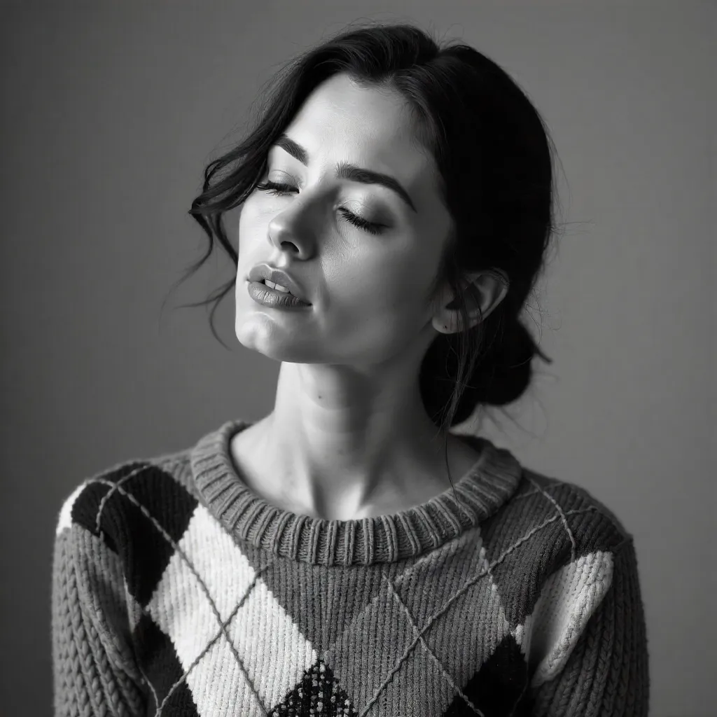 Serene Monochrome Portrait in Argyle Sweater