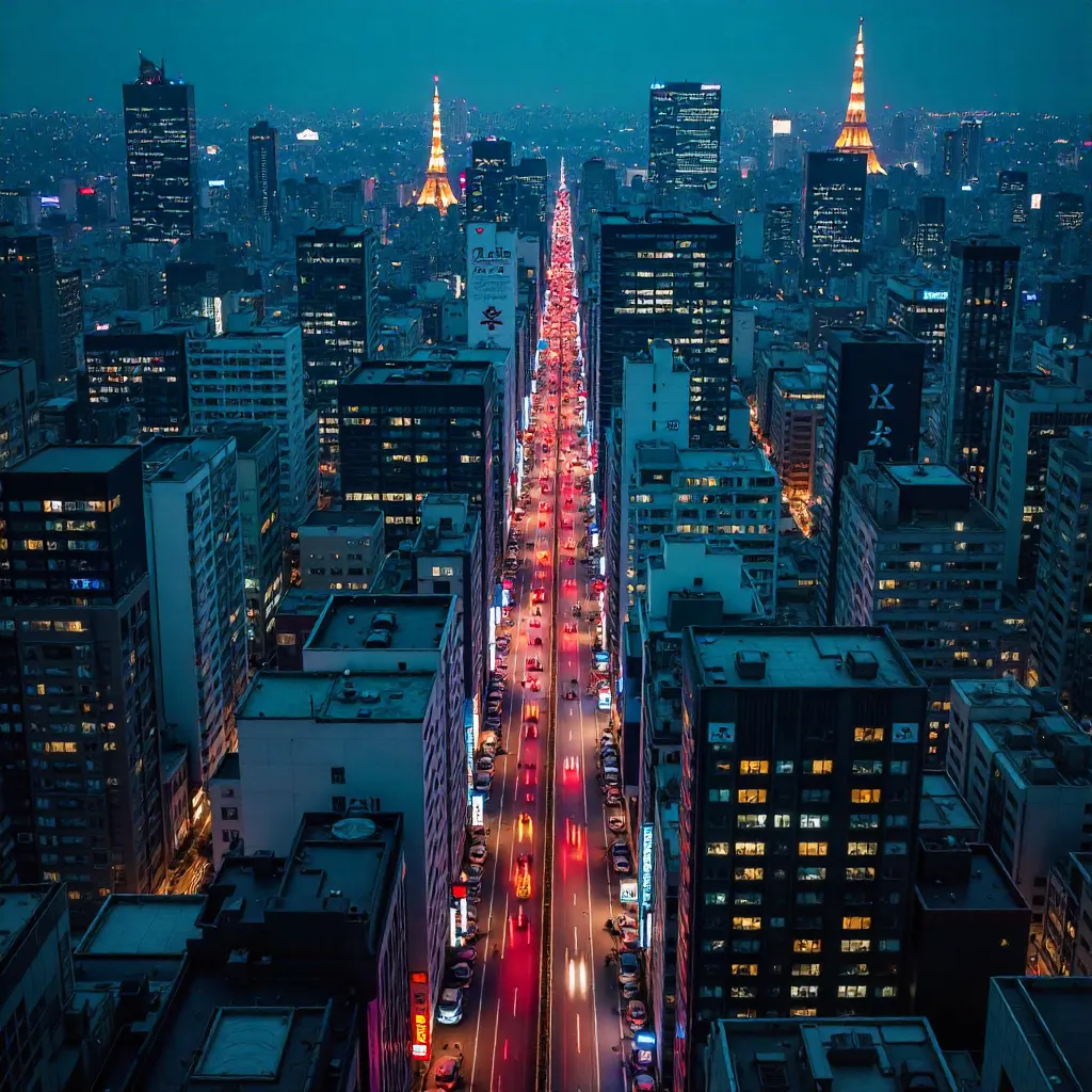 Aerial Nightscape Over Tokyo's Dense Skyline