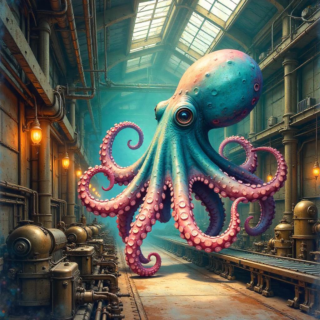 Watercolor Octopus in a Steam-Powered Robot Factory