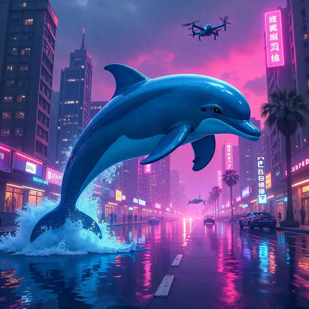 Neon Dolphin in a Cyberpunk City