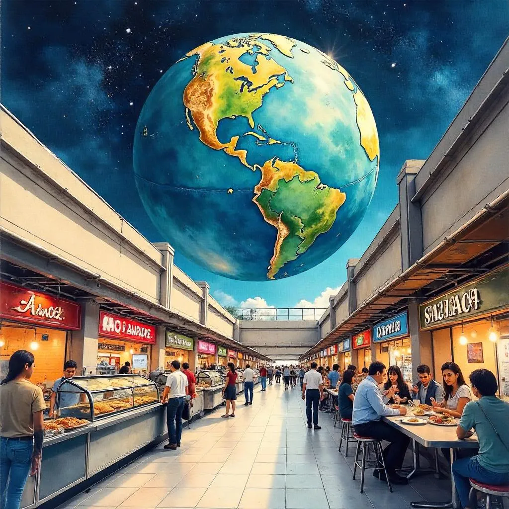 Planet Over a Busy Food Court in Watercolor