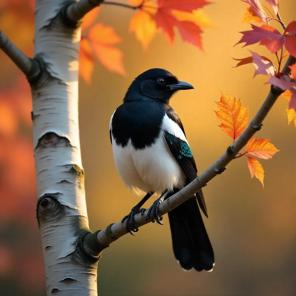 Magpie on Birch Branch in Autumn Colors
