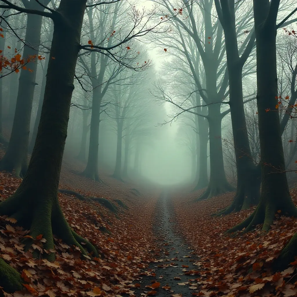Autumn Mist: Eerie Forest of Bare Trees