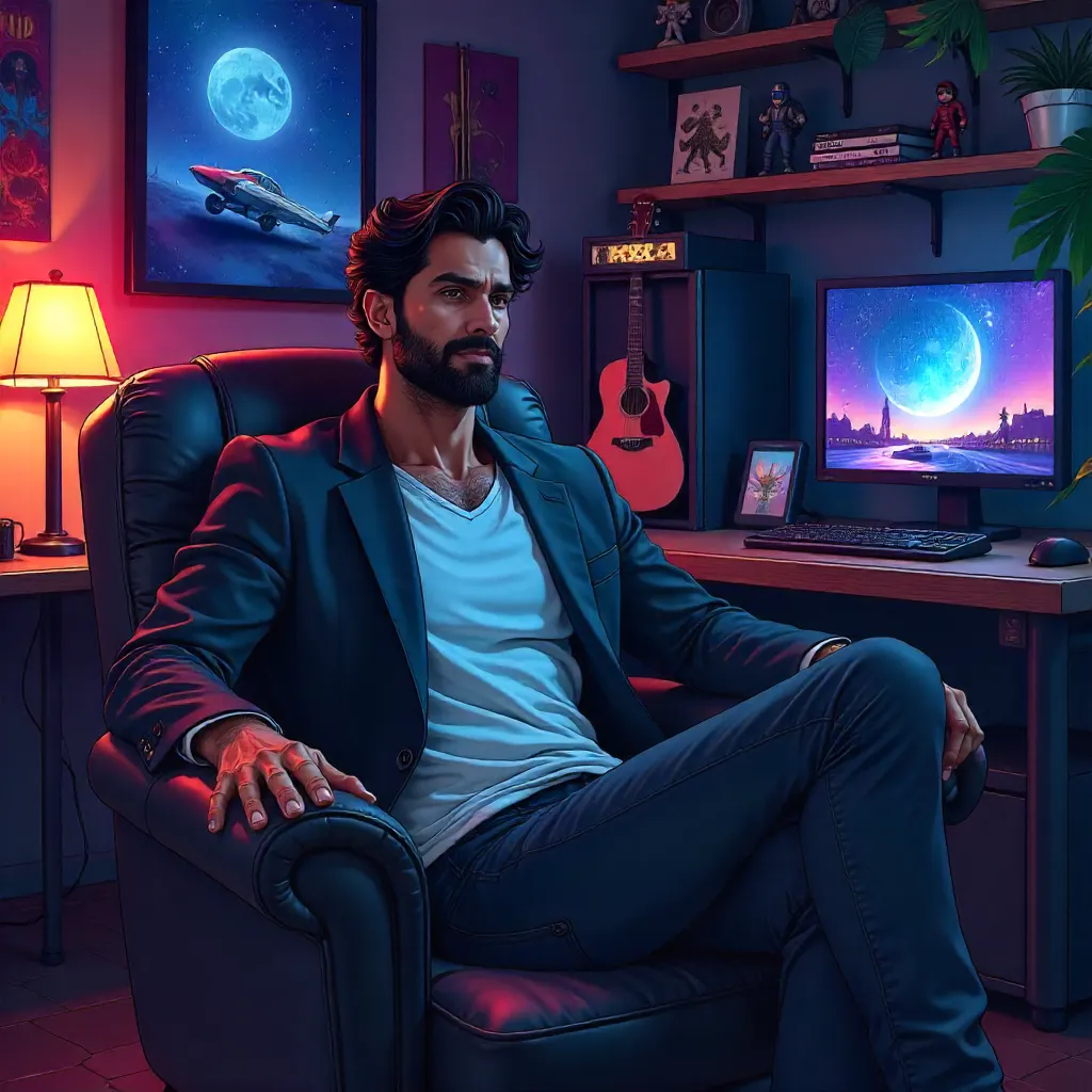 Handsome Indian Man in an Anime Man Cave