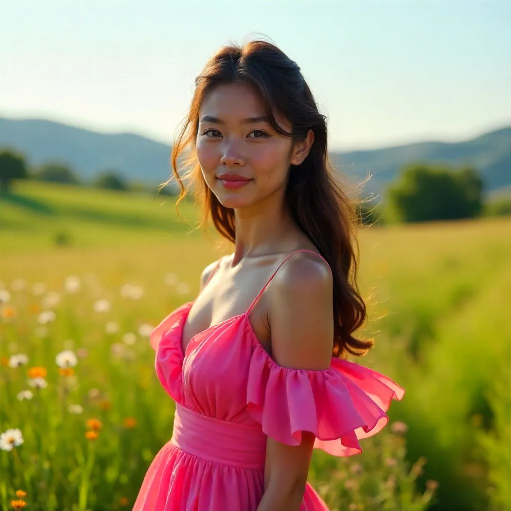 Portrait of a Woman in a Pink Dress in a Grassy Field