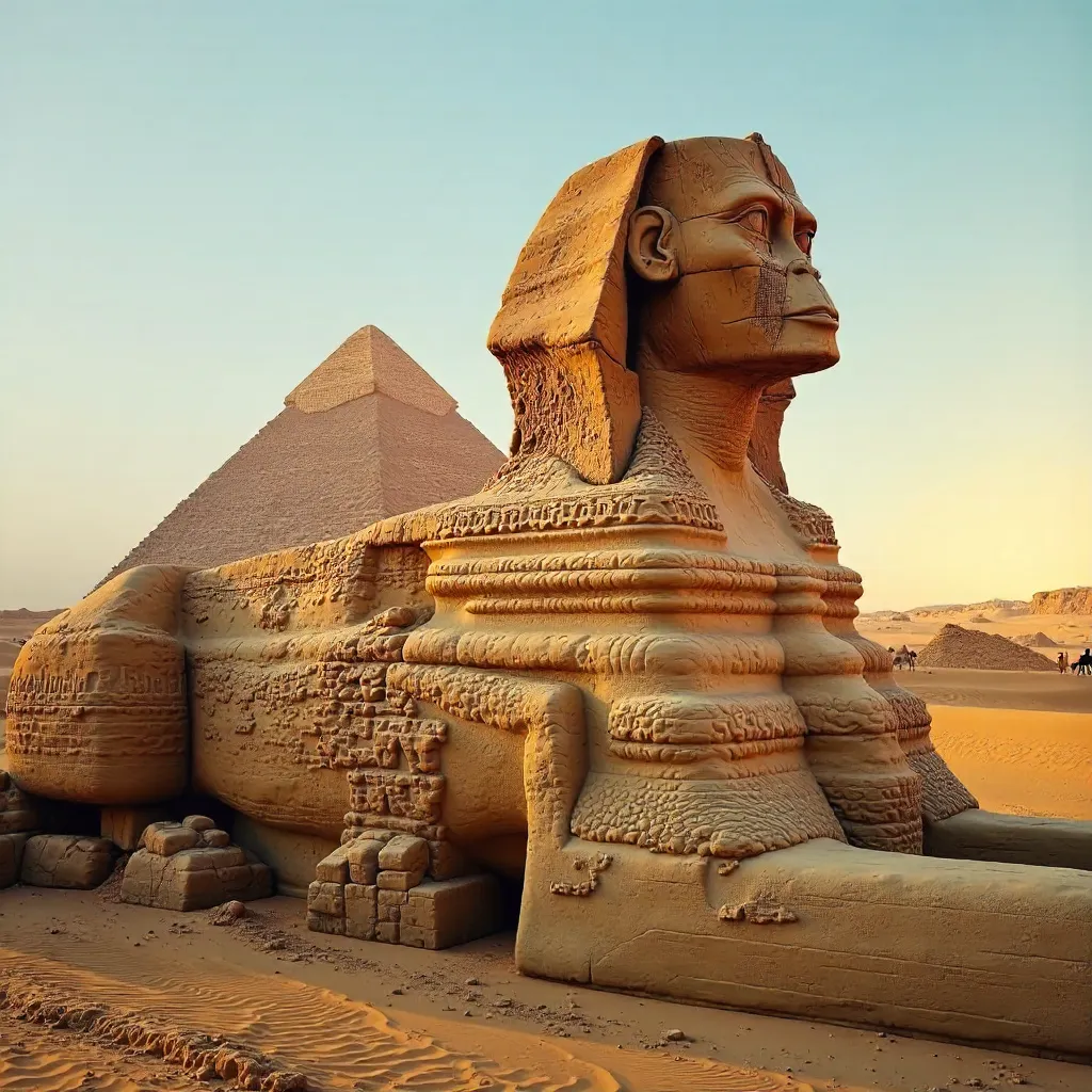 Great Sphinx of Giza with Pyramid Backdrop at Golden Hour