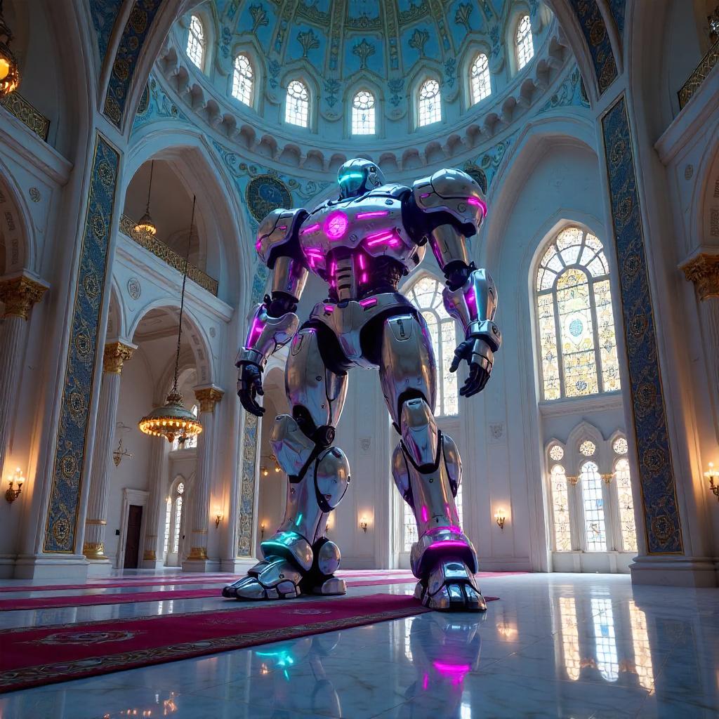 Colossal Cyberpunk Mecha in a Grand Mosque