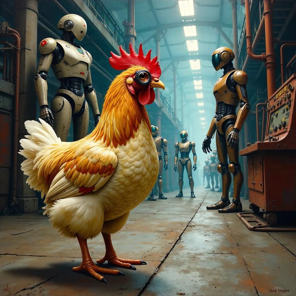 An Oil Painting of a Chicken in a Robot Factory