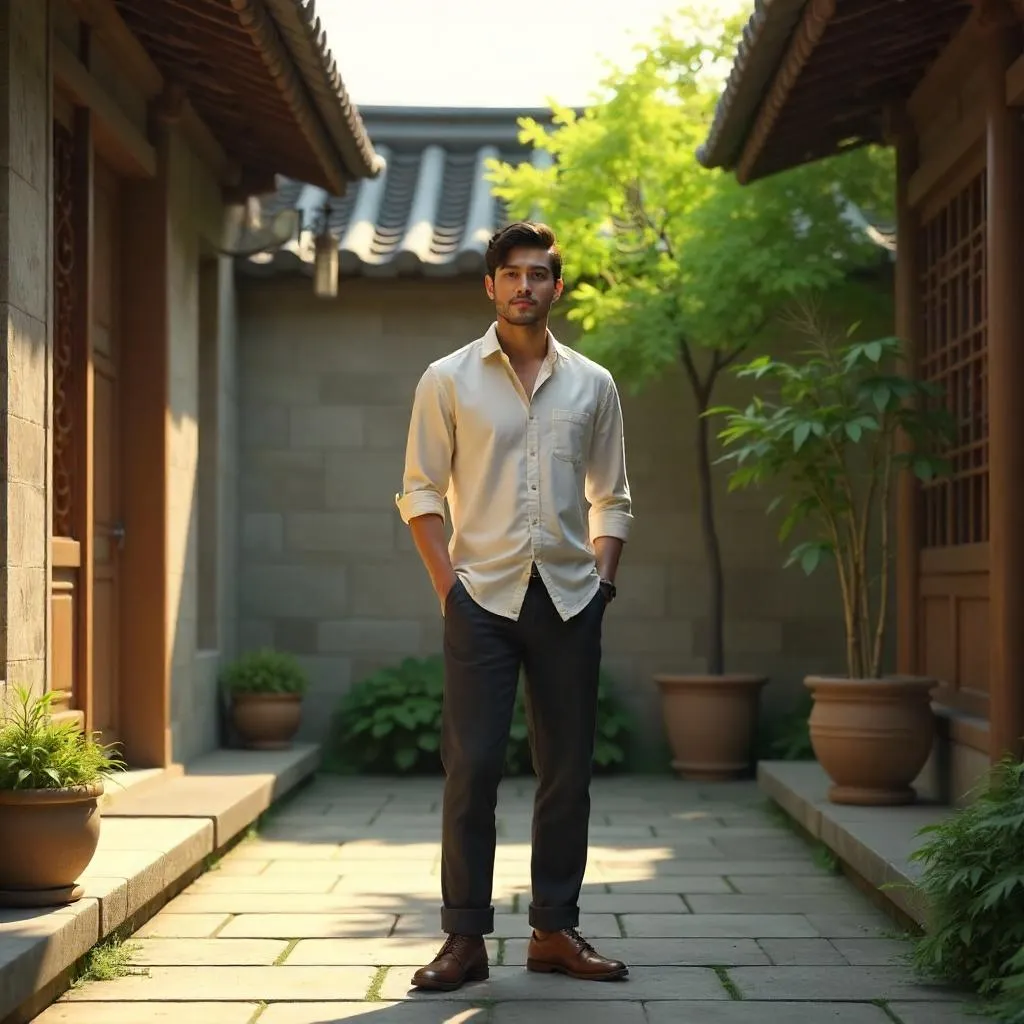 3D Render: A Young Asian Man in a Serene Courtyard