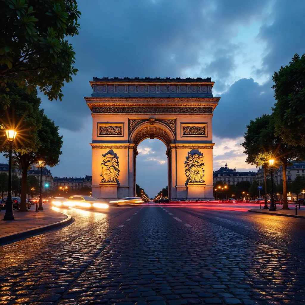 Twilight Arc de Triomphe with Moving Paris Traffic