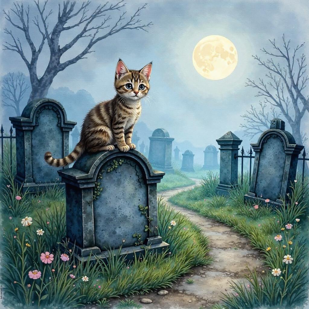 Moonlit Cat in a Watercolor Graveyard