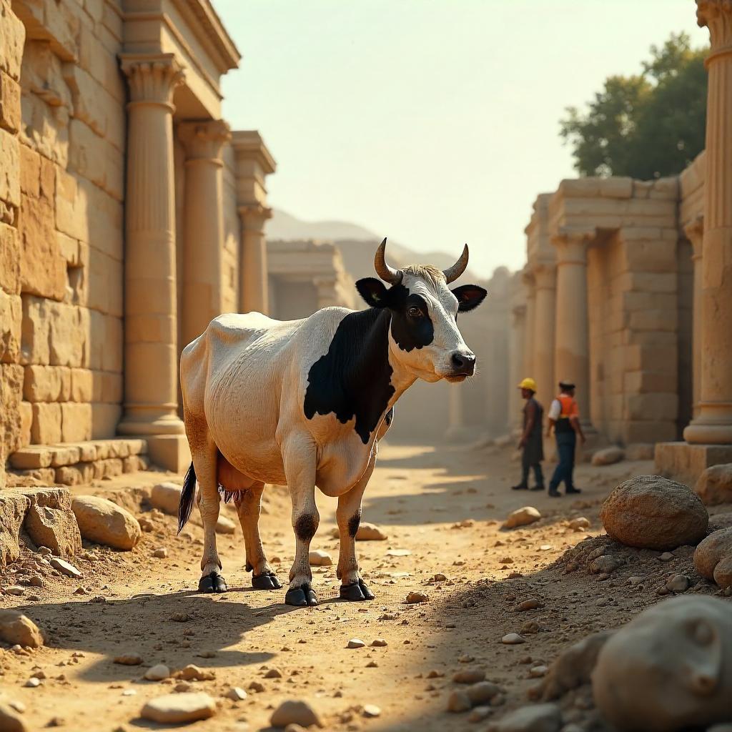 Photorealistic 3D Cow in Ancient Ruins at Golden Hour