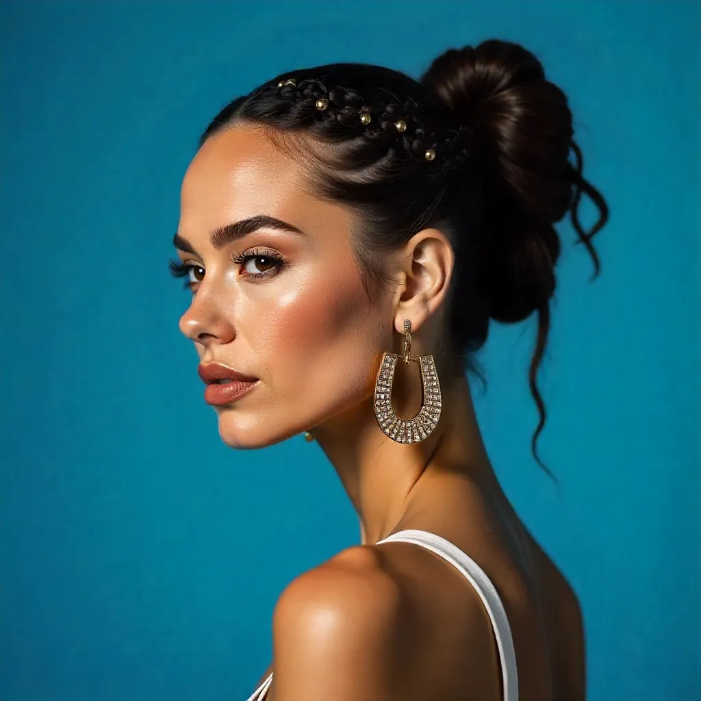 Elegant Bun and Bold Earrings Portrait on Blue