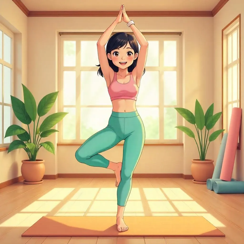 Cheerful Asian Girl in Anime Yoga Studio