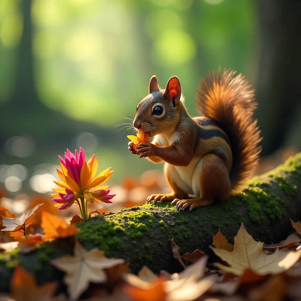 Squirrel among vibrant blooms in Purbasthali, India