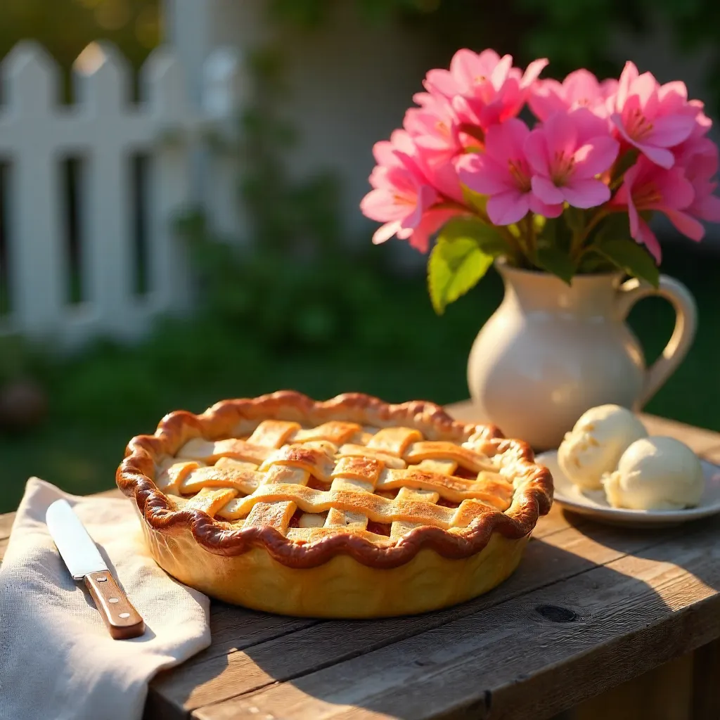Pie on a Rustic Table Amid Pink Oleander