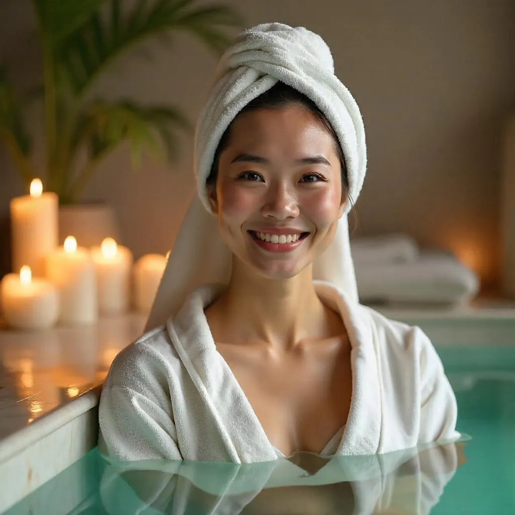 Cheerful Asian Woman Enjoying a Serene Spa