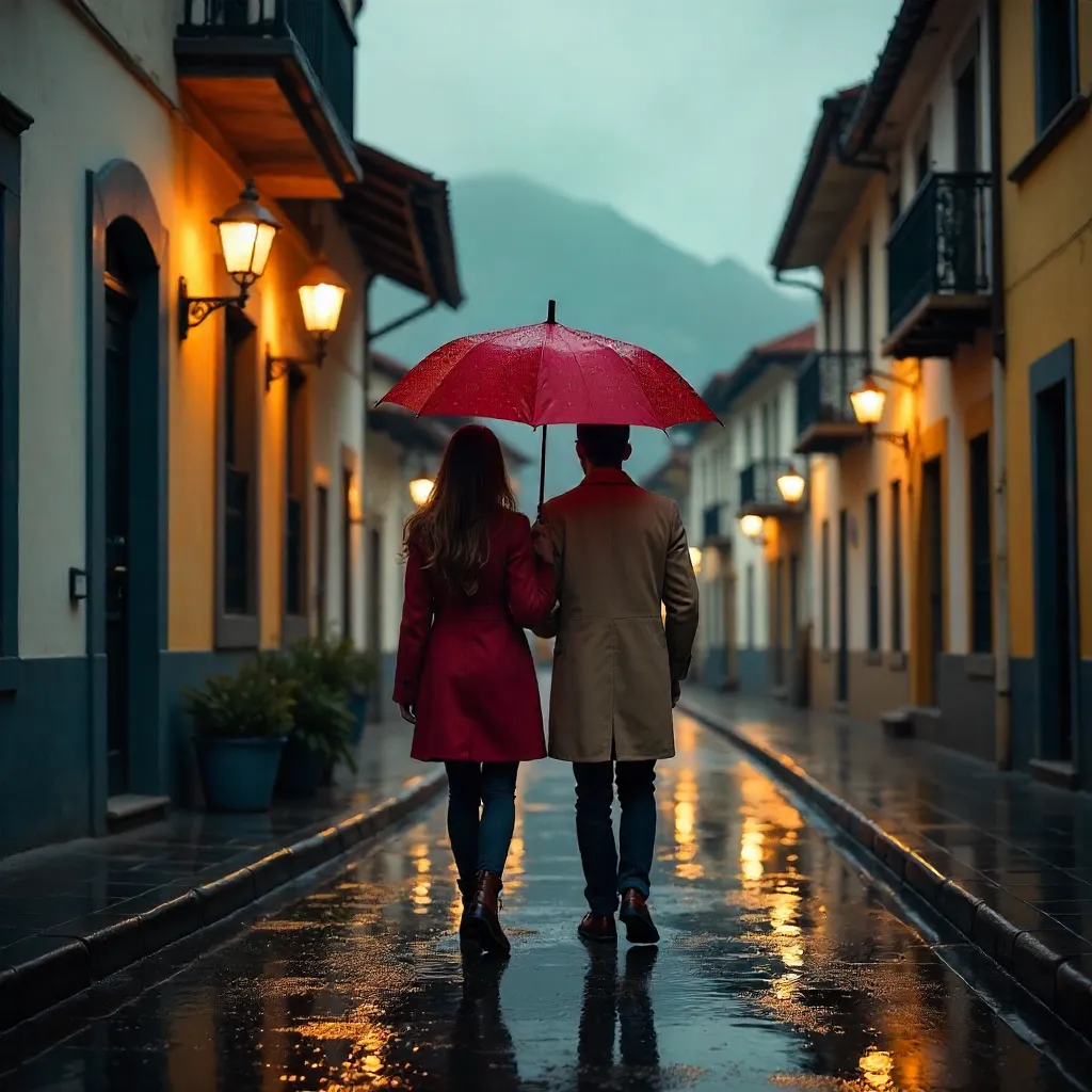 Rainy Walk in Gramado: Couple Under Umbrella