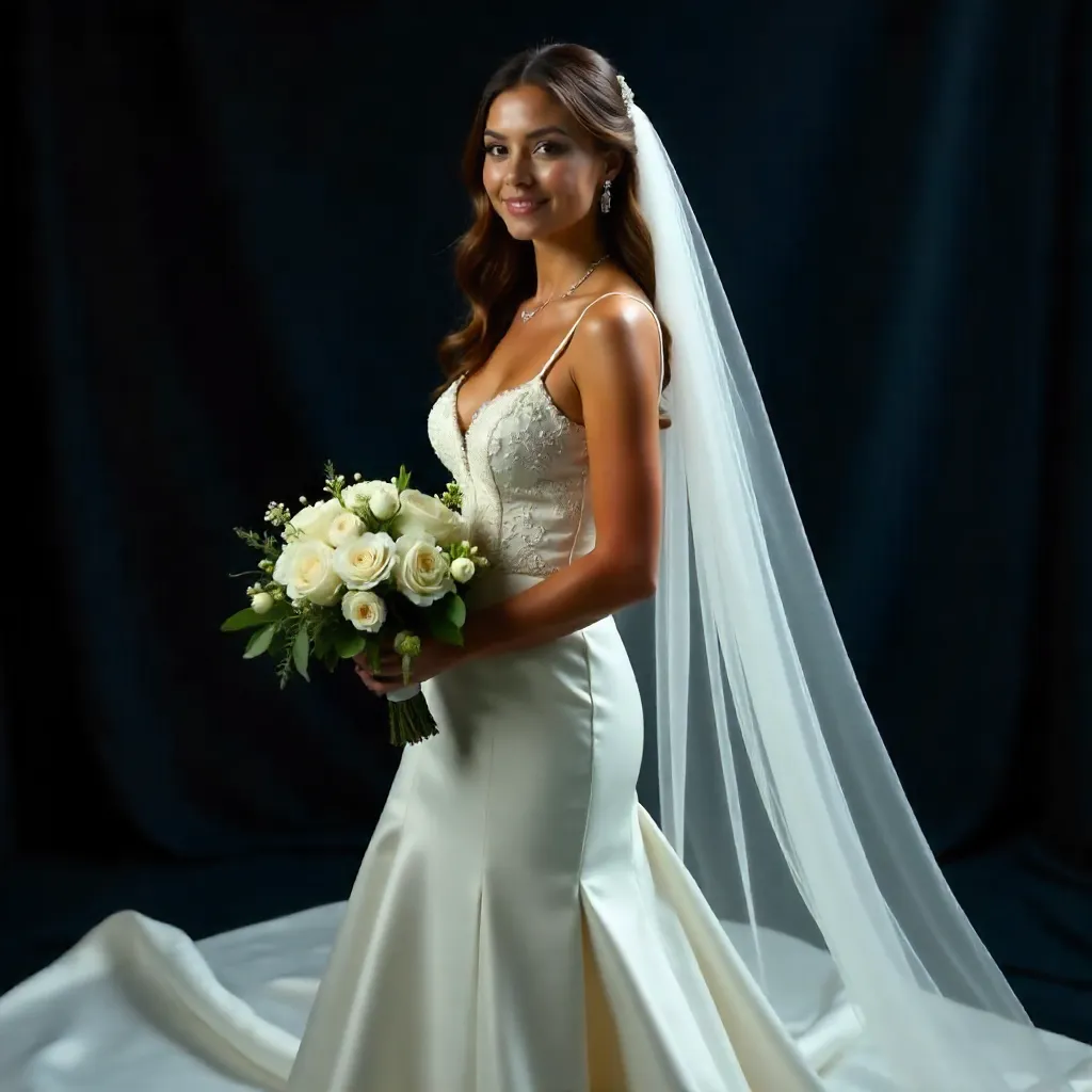 Ethereal Bride in White Gown with Flowing Veil