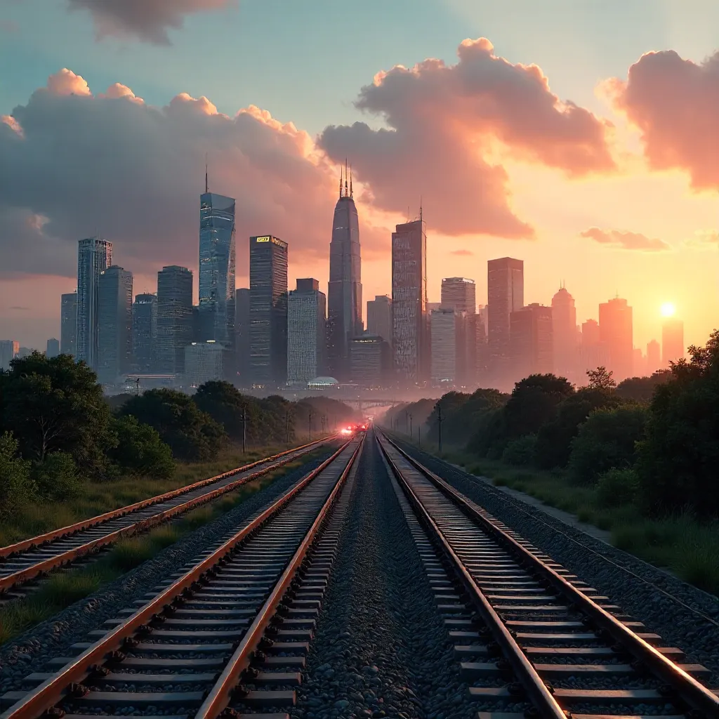 Distant Rails Leading to a Neon Skyline