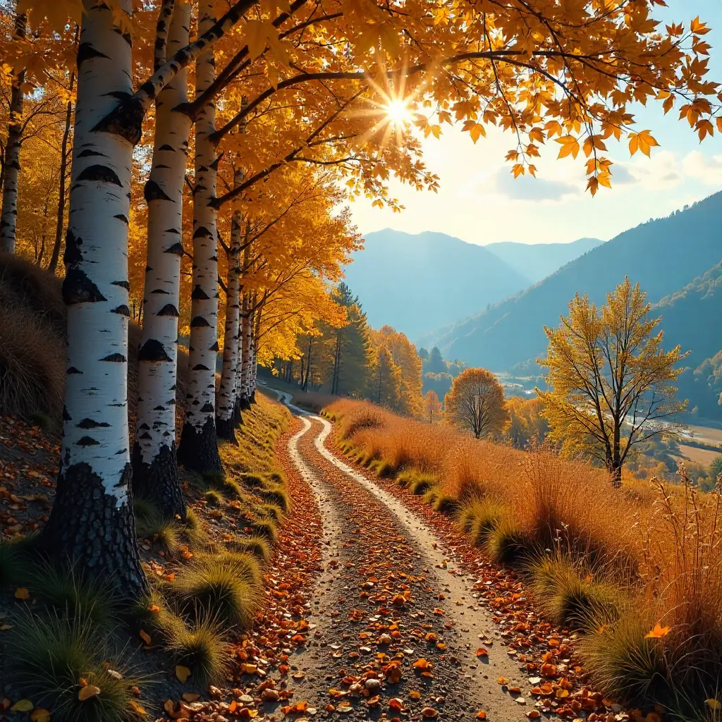 Autumn Birch Path in Čajniče, Bosnia