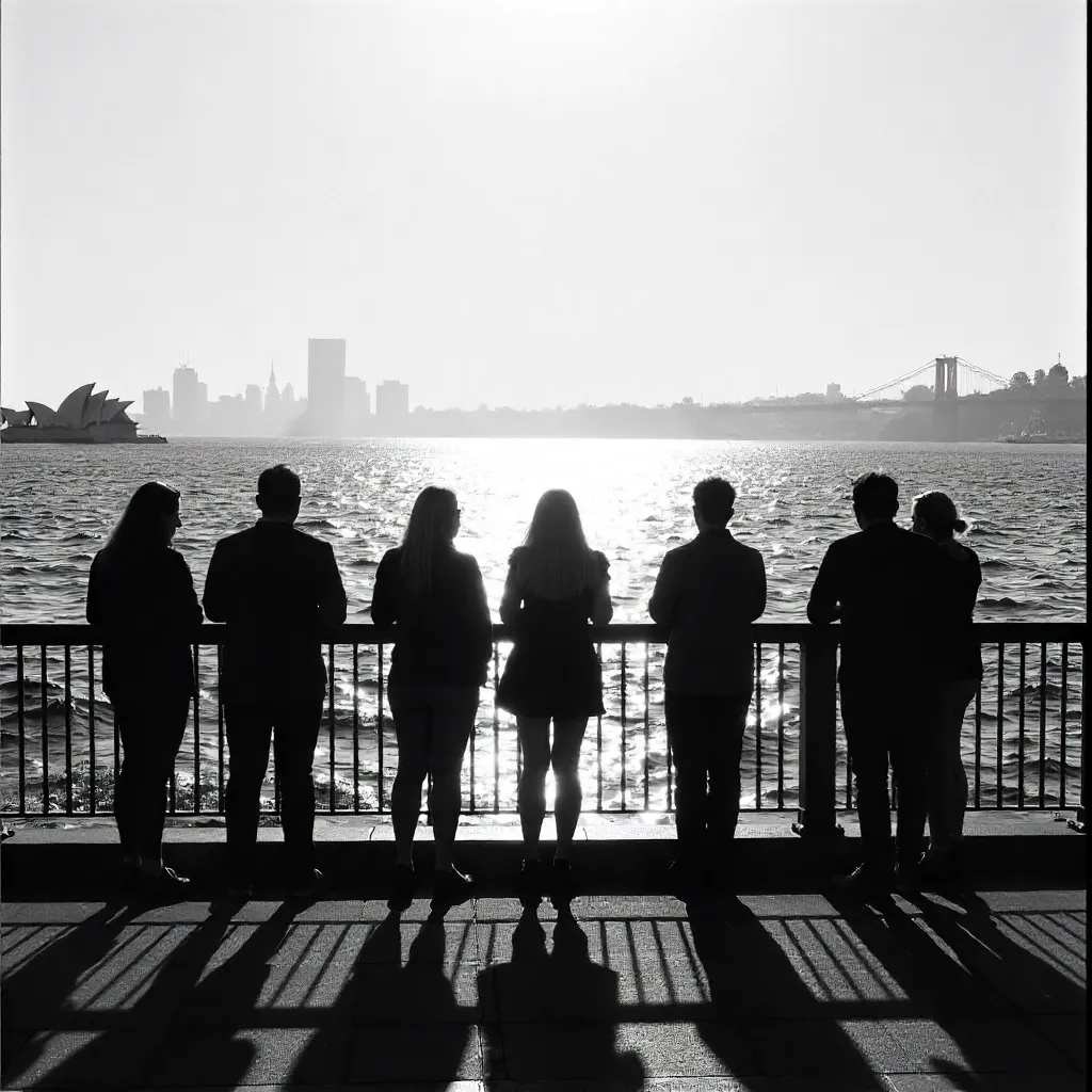 Silhouettes Gazing at Sydney's Ocean in Black and White