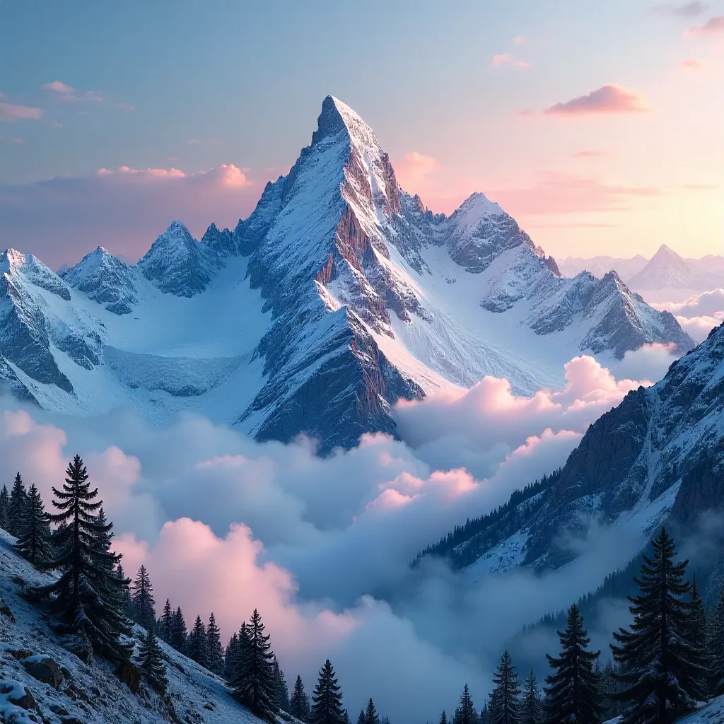 Snow-Capped Peaks Emerging From a Sea of Clouds
