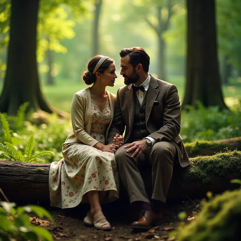 Vintage Forest Couple on Logs