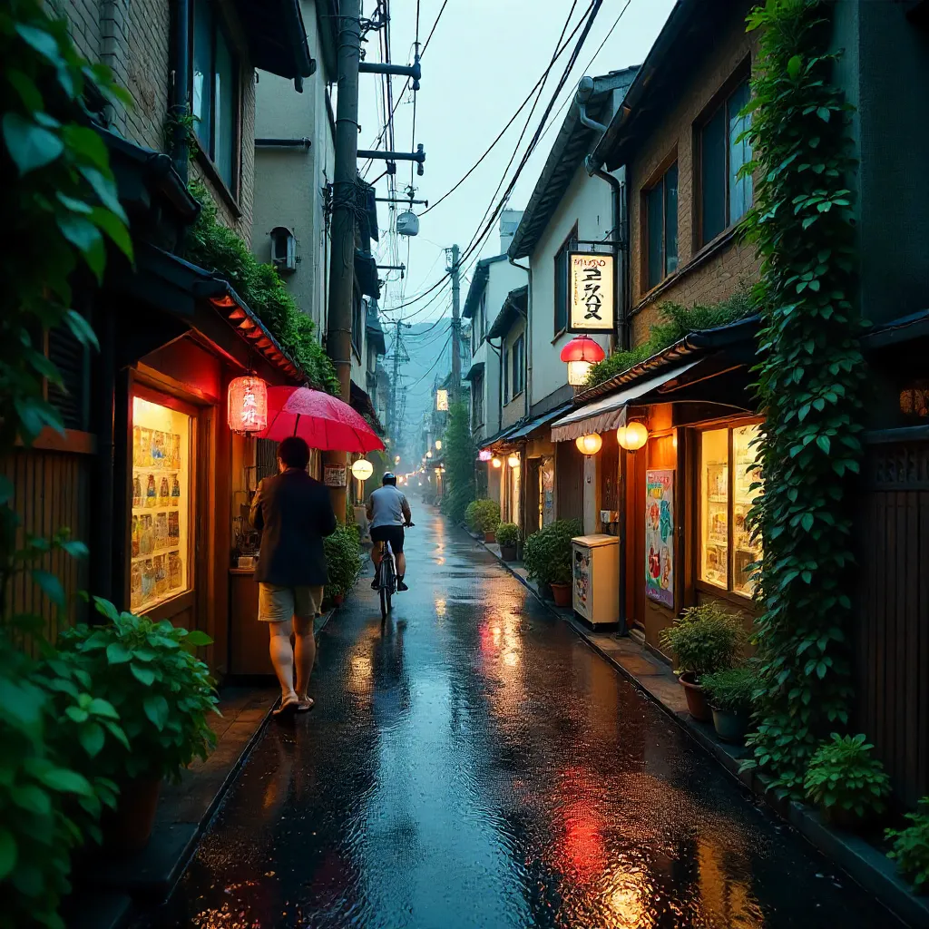 Rain-Kissed Tokyo Laneway: Greenery and Neon Charm