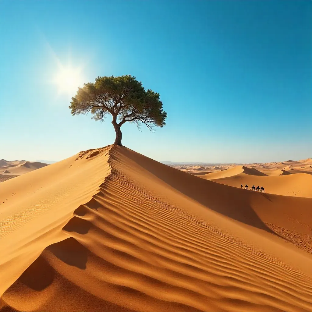 Solitary Tree on Sharjah Desert Dunes at Golden Hour