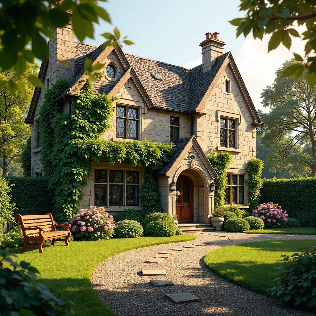 Charming Stone Mansion Facade with Lush Garden