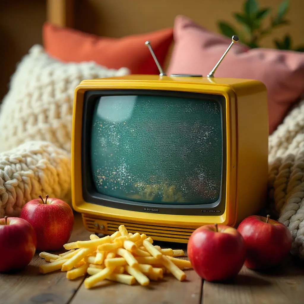 Cozy Retro TV Still Life with Fries and Apples