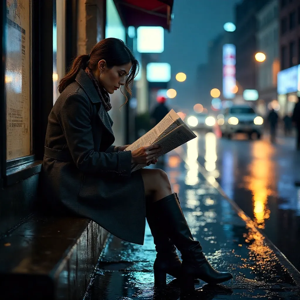Rainy City Chic: A Stylish Woman Reading a Newspaper
