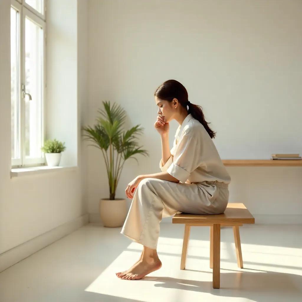 Thoughtful Woman on a Bench in a Minimalist Room