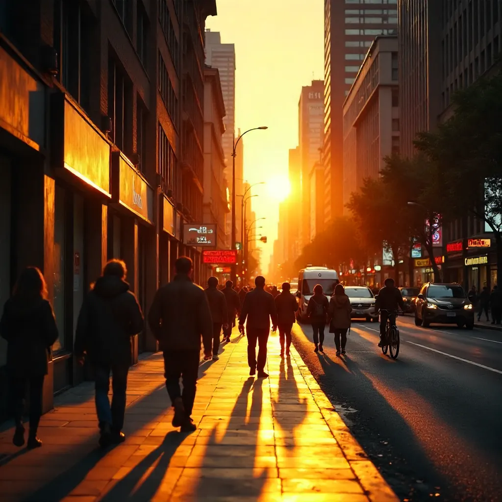 Sunlit Silhouettes on a City Street at Sunset