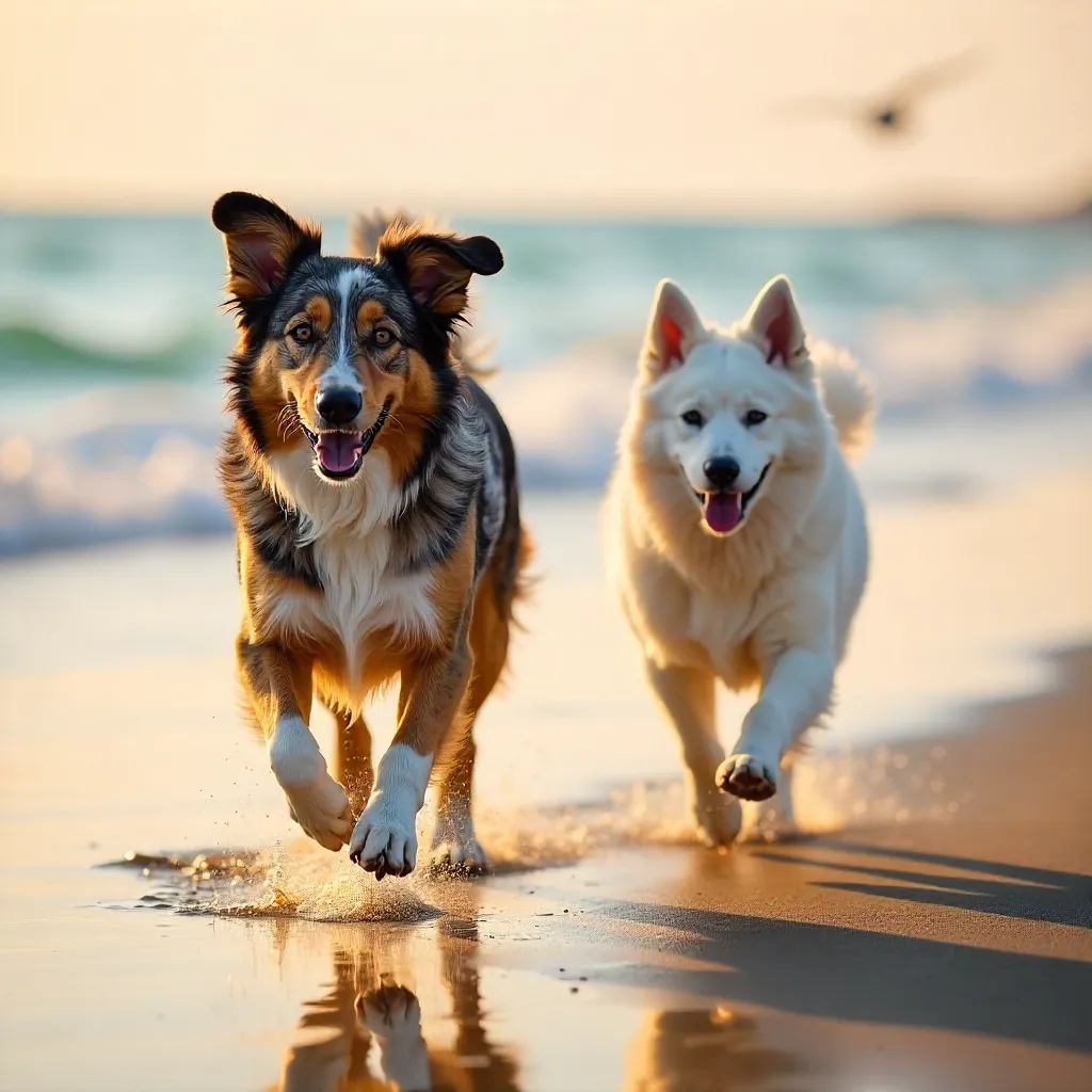 Joyful Beach Run: Australian Shepherd and Samoyed