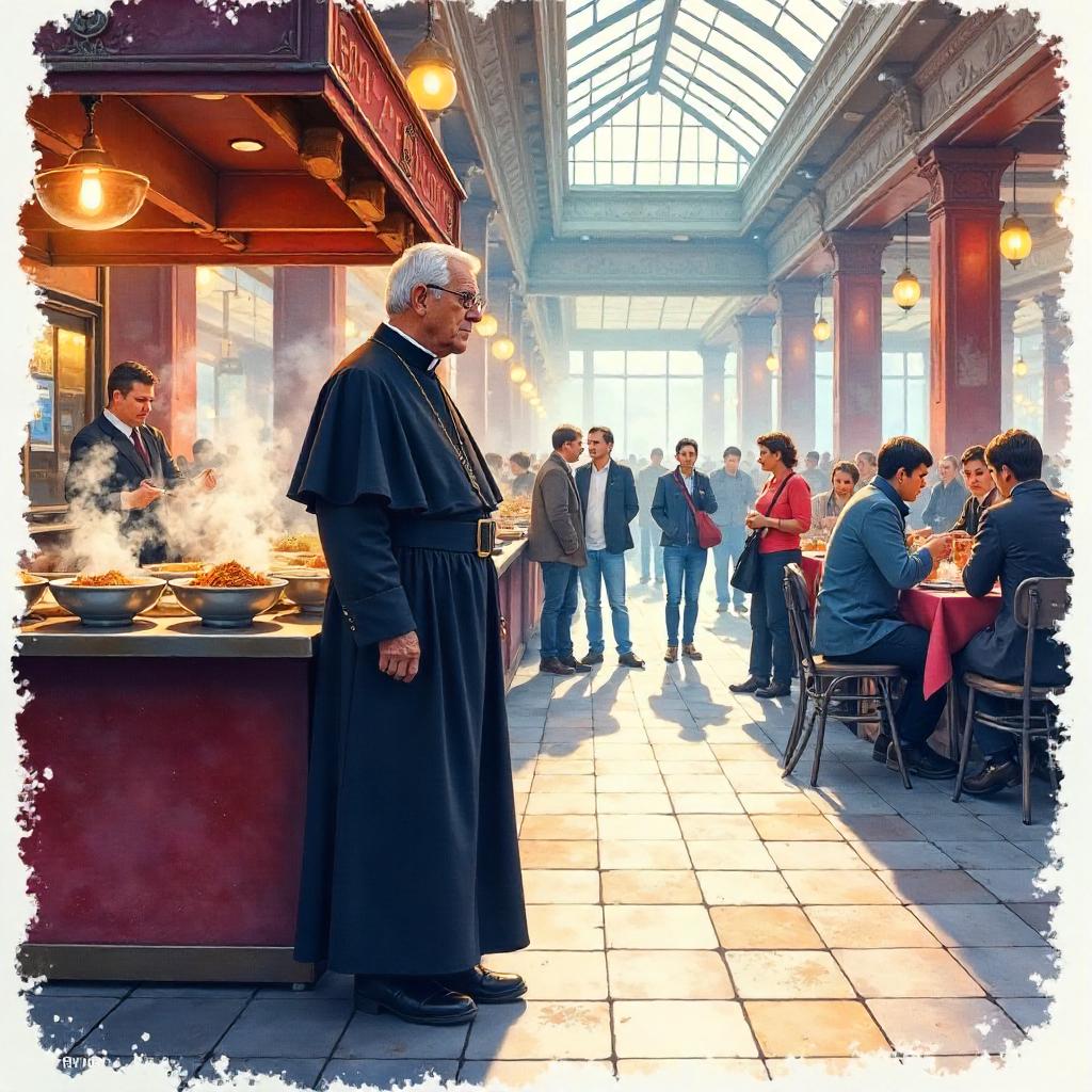 Watercolor Priest in a Bustling Food Court