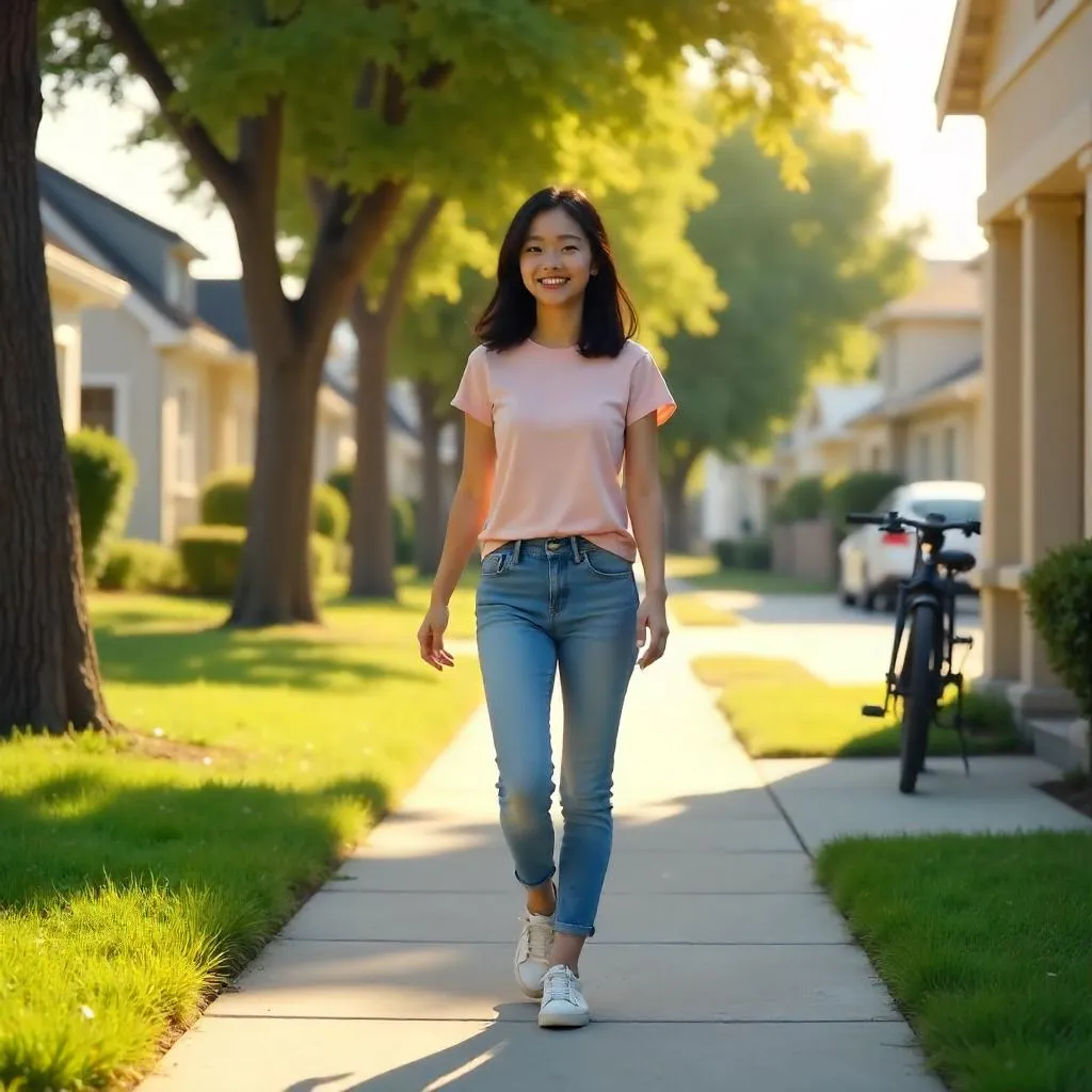 Cheerful Asian Girl in a Sunny Suburban Street