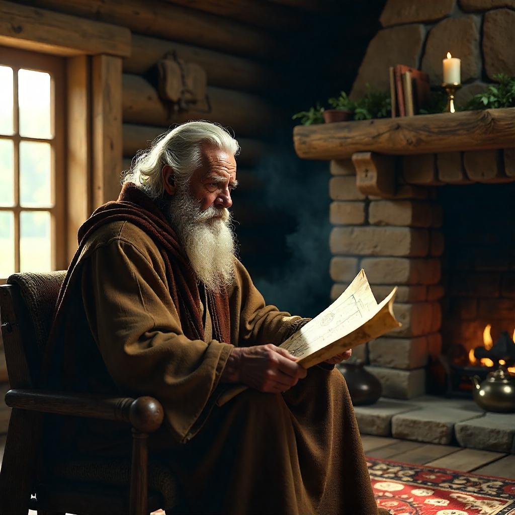 Prophet-like Figure in a Rustic Log Cabin