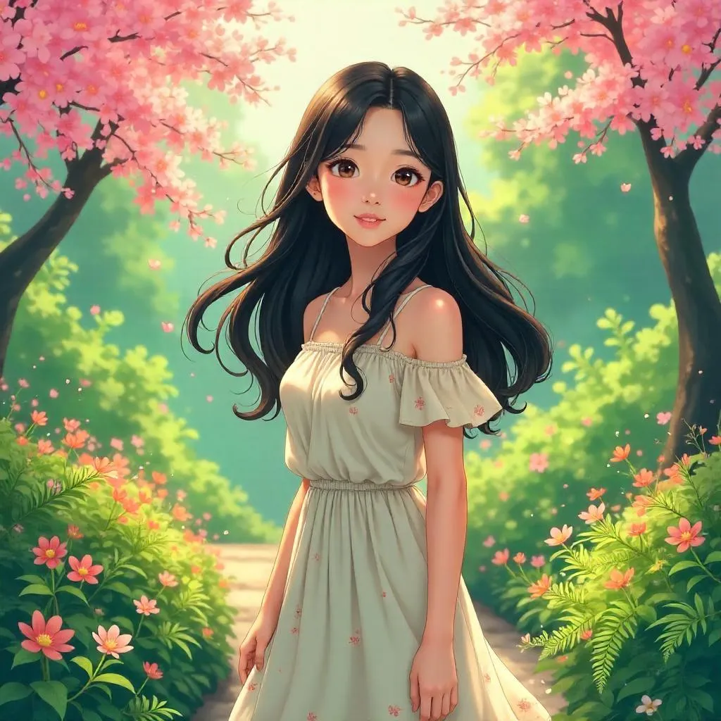 Anime Garden: Young Asian Woman in Bloom
