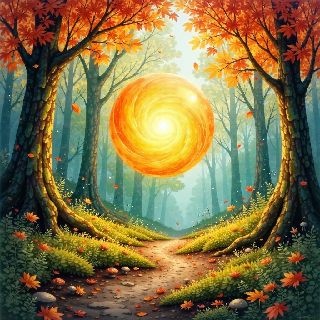 Glowing Spirit Orb in Autumn Watercolor Forest
