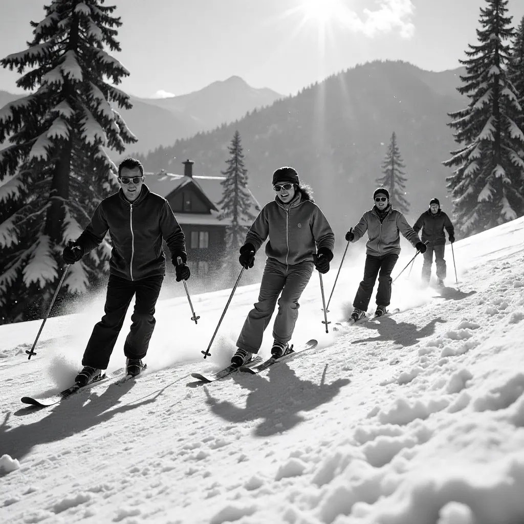 Vintage Black-and-White Skiers in Powder Snow